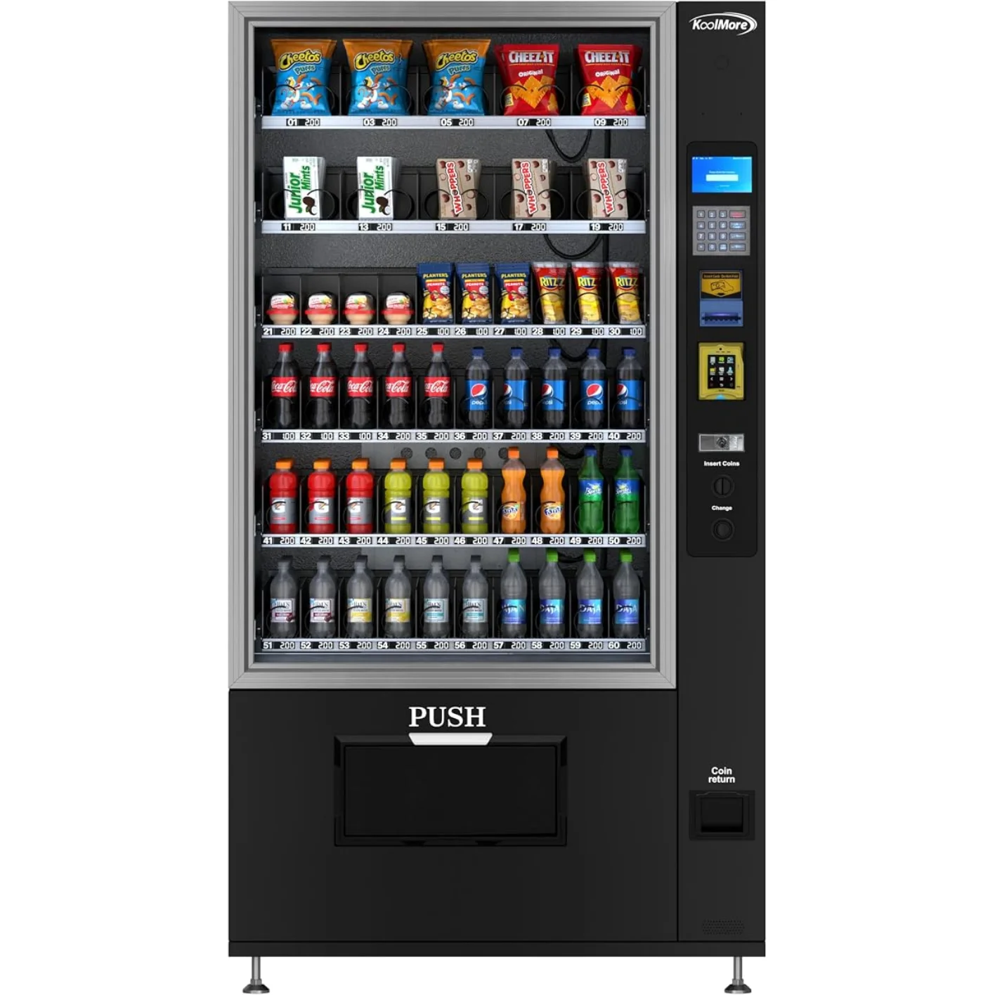 NON-REFR!GERATED SNACK VEND!NG MACH!NE W!TH 60 SLOTS CRED!T CARD READER B!LL ACCEPTOR 22 !NCH TOUCH SCREEN IN BLACK KM-NRVMCB-50