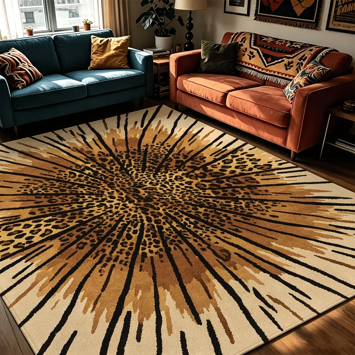 Radial Sunburst Area Rug Golden Brown Background Center Outward Radiating Light Texture Pet Friendly  Living Room Bedroom Study Dining Room Kitchen