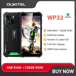 OUKITEL WP32 Rugged 4G Smartphones Octa Core 4GB+128GB 5.93Inch HD Android 13 6300mAh Battery 20MP Dual Camera Mobile phone NFC