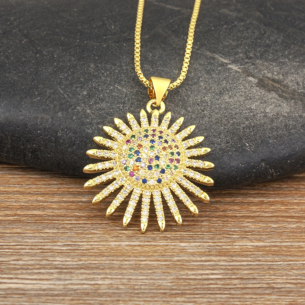 AIBEF Vintage Luxury Sun Shape Pendant Women Exquisite Necklace Copper Zircon Inlay Crystal Jewelry Anniversary Gift Daily Wear