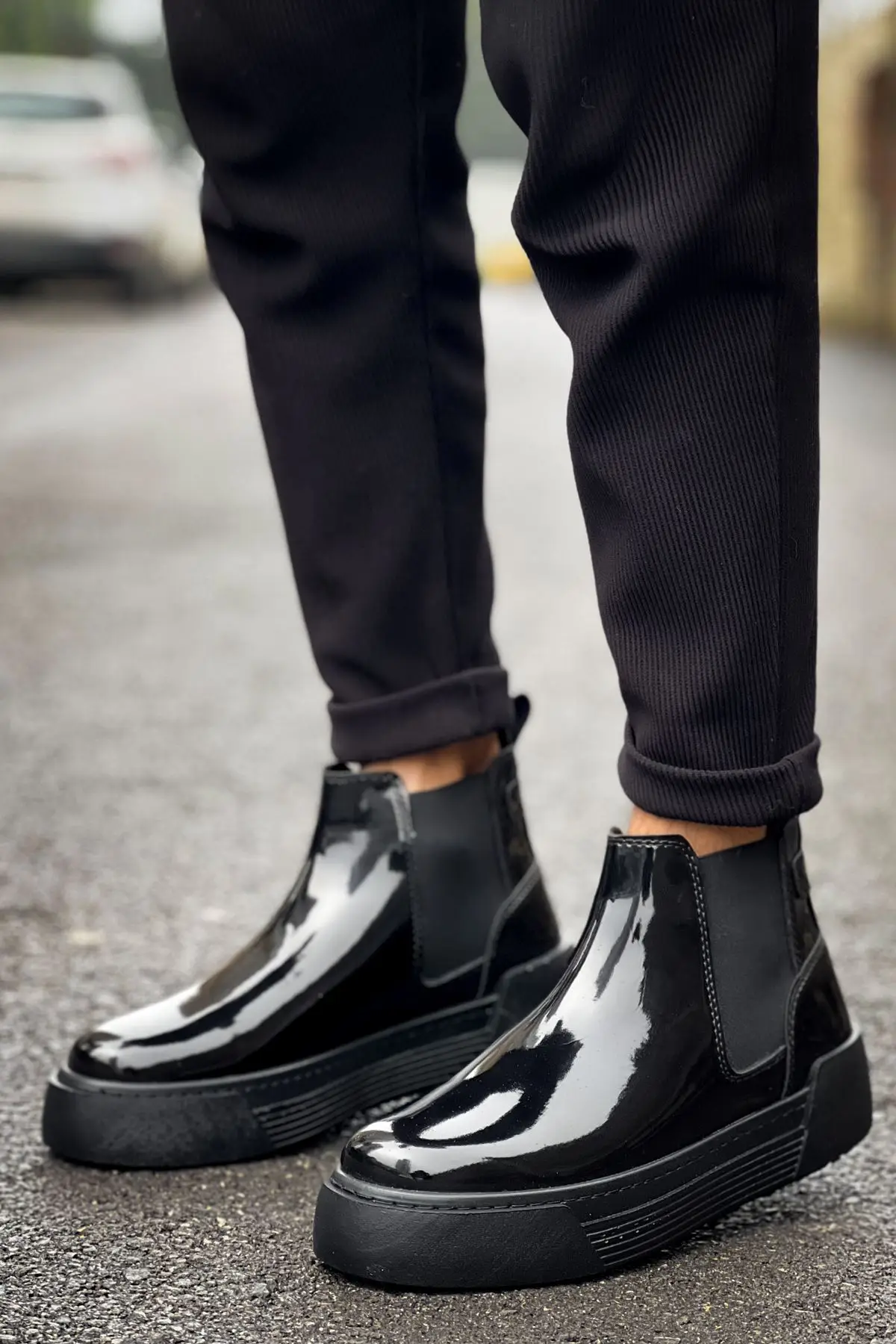 Ботинки мужские черные зимние, глянцевые, CH069