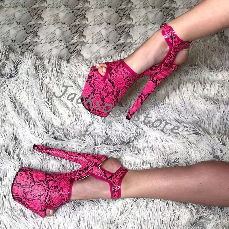 

Snake Pattern Peep Toe Super High Heel Sandals Pole Dance Thick Sole Large Size Women Shoes Stiletto Buckle Platform Pumps 20cm