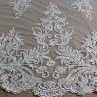 HelluyerDc Tela de encaje con cuentas blanquecino, patrones grandes, dos lados son iguales fáciles de cortar para la tela del vestido de fiesta de boda por el patio