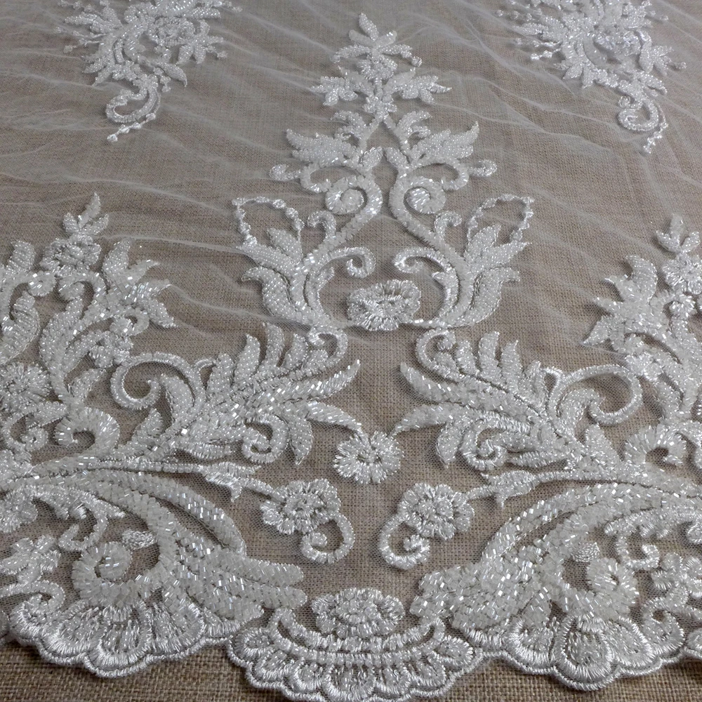HelluyerDc Off-white beaded lace fabric,large patterns,two sides are same easy to cut for wedding prom dress fabric by the yard