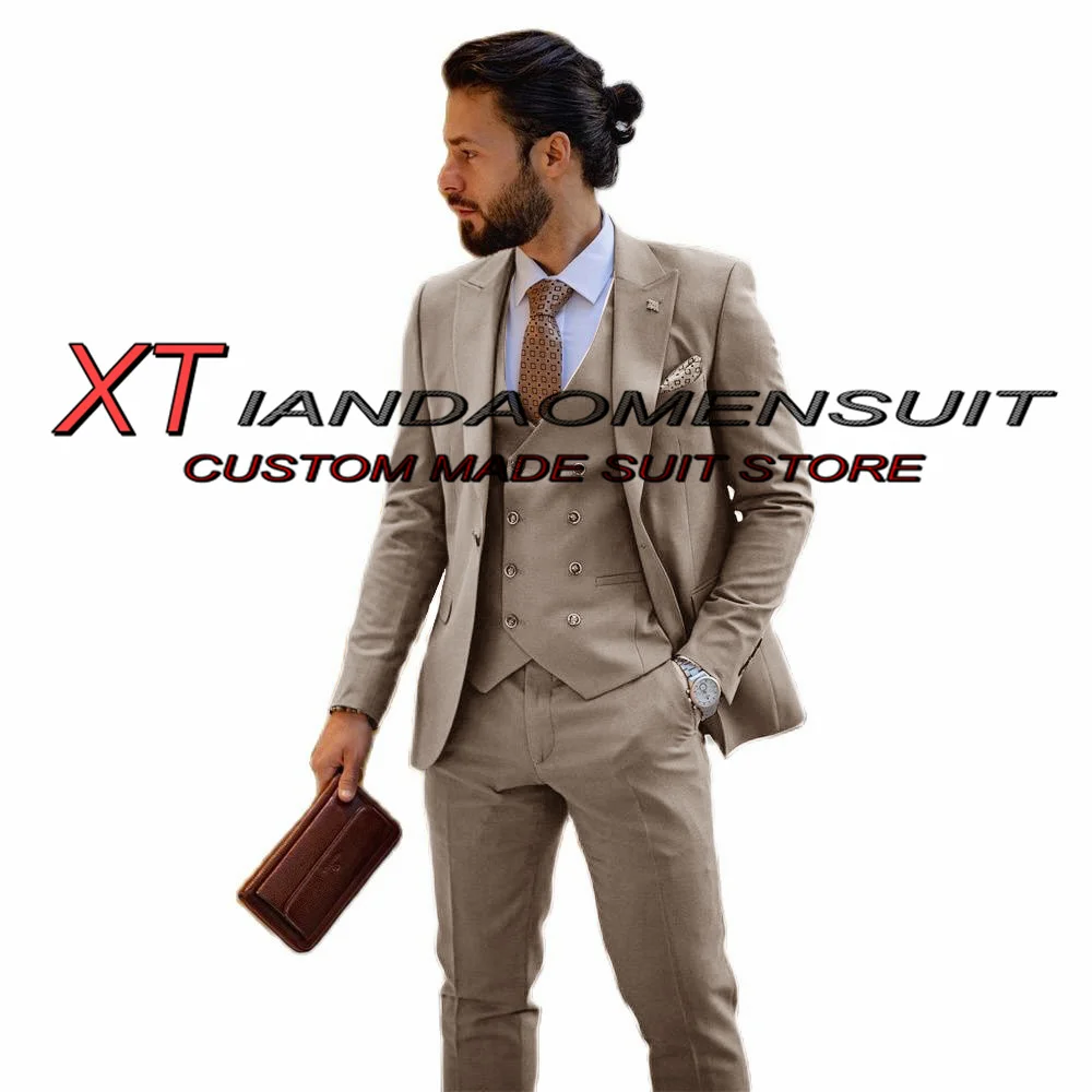 Brown Men\'s Suit 3 Piece Business Formal Workwear Tuxedo Wedding Groom Jacket Pants Vest Male Blazer