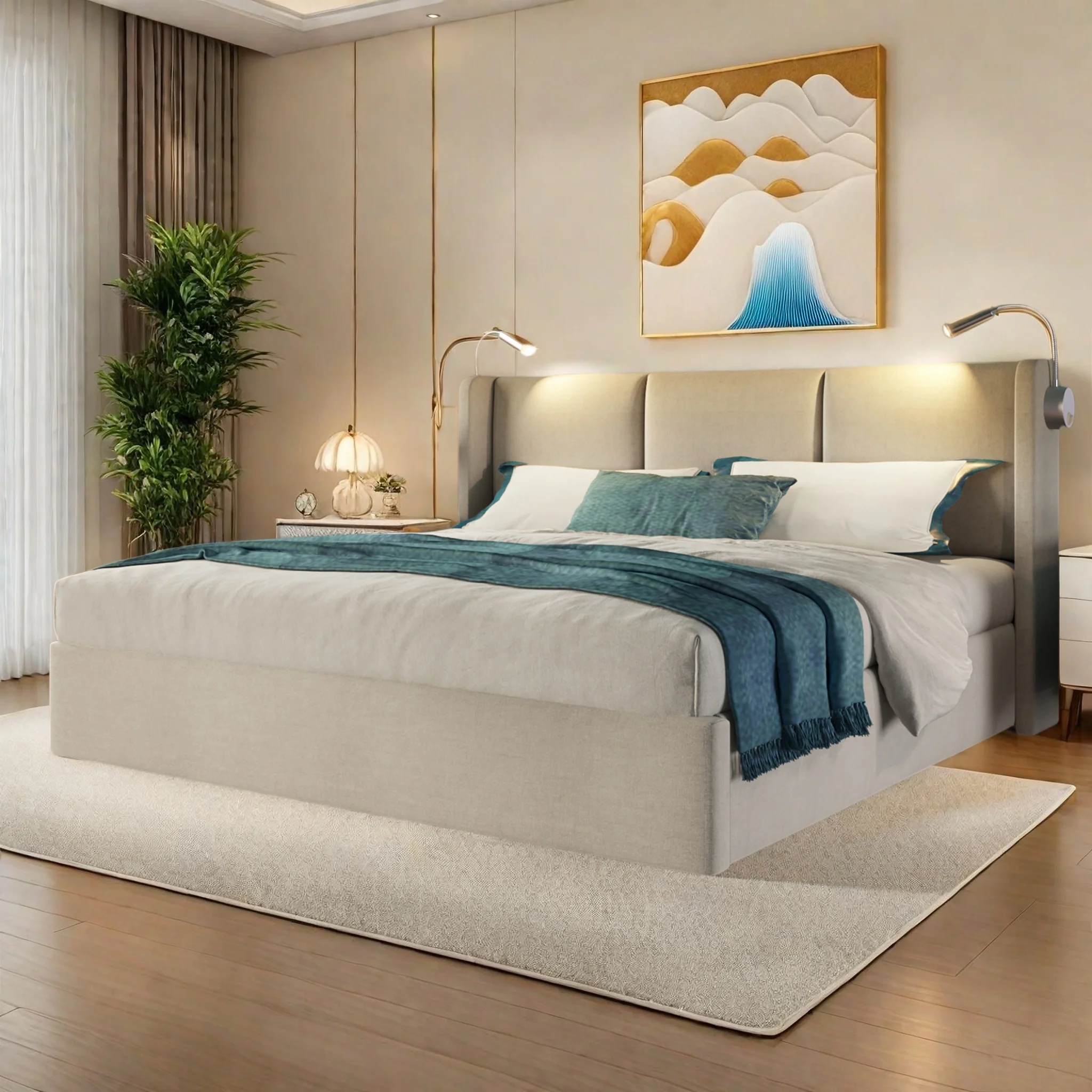 Lit coffre 160x200 cm, avec lampe de lecture et fonction de chargement, lit double, cadre de lit, lin, beige