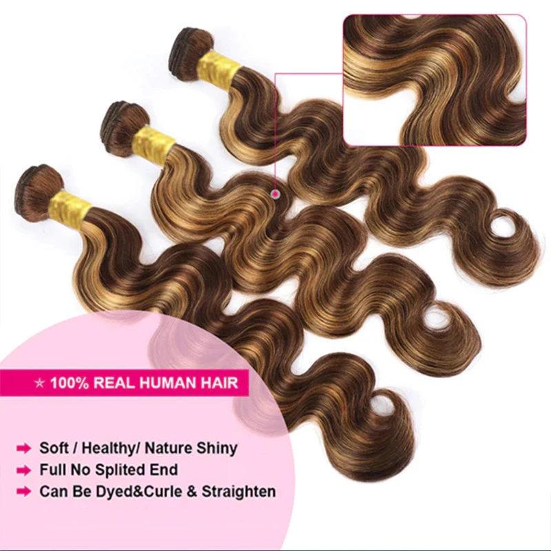 Highlight Body Wave Bundles With Closure P4/27 Color 4x4 Lace Closure With 3/4 Bundles Indian Virgin Human Hair 65g/Pc Bundle