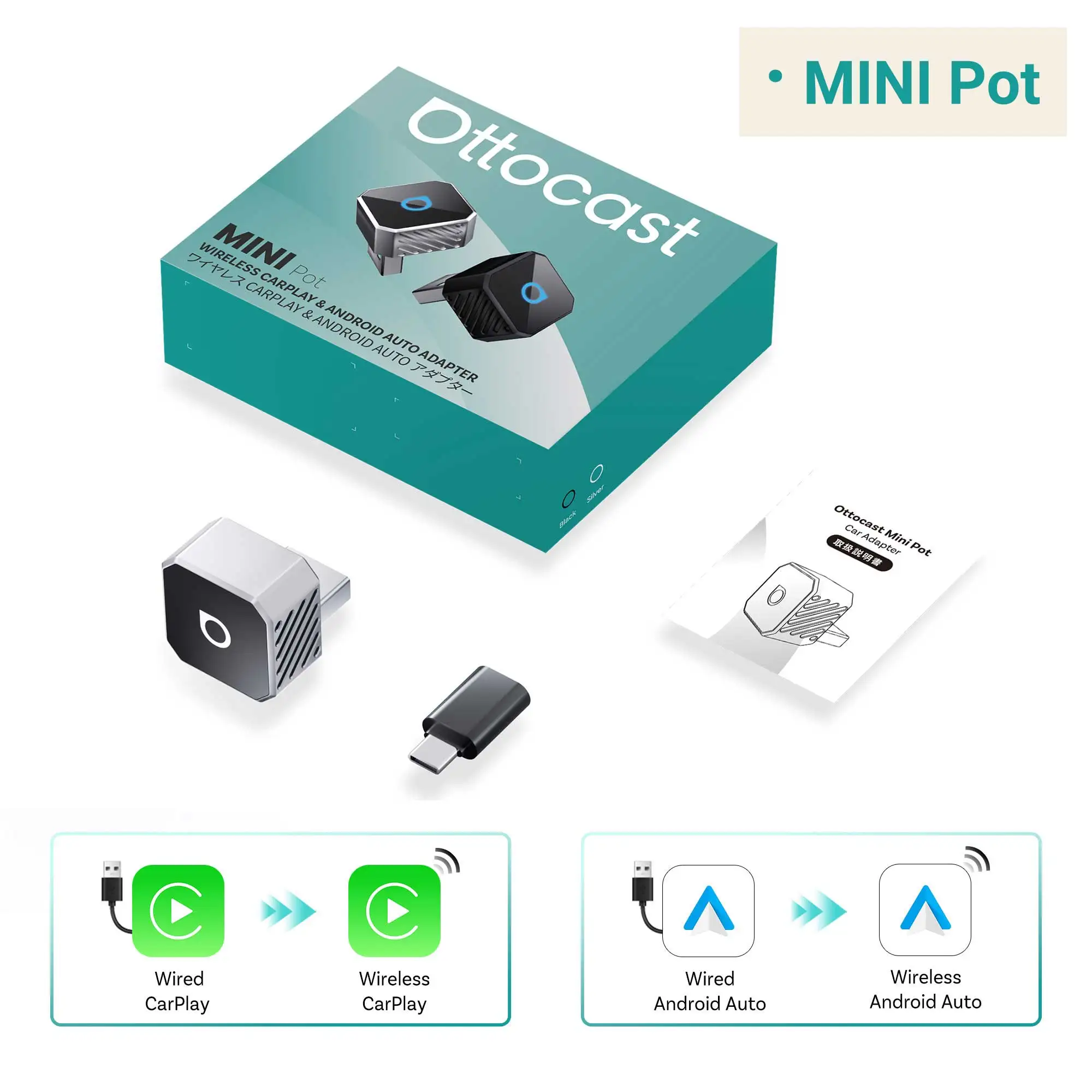 OTTOCAST Mini Slim Cube Wireless CarPlay Android Auto Adapter 2 in 1 USB AI Autozubehör für VW Haval Audi Kia Porsche Lexus