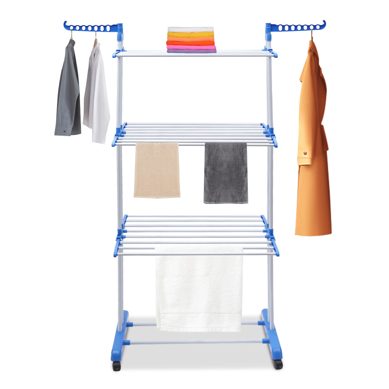 

Folding Clothes Drying Rack with 6 Trays, 2 Rotatable Side Wings, Bottom Storage Shelf, and Rolling Wheels for Indoor and Outdoo