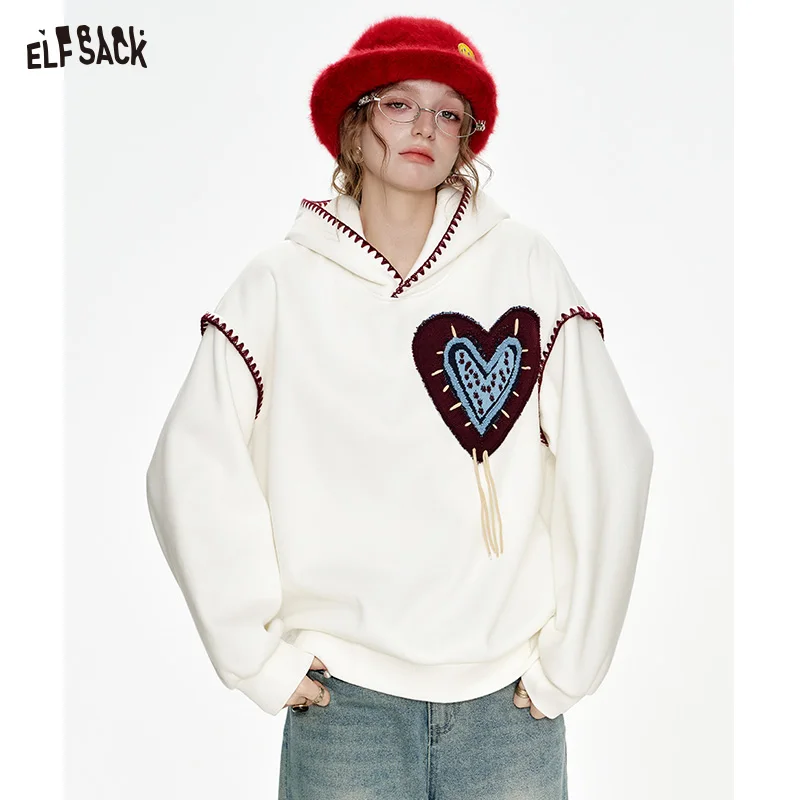 ELFSACK 2024 Winter New Arrivals White Heart Jacquard Shell Thread Hooded Plush Hoodie