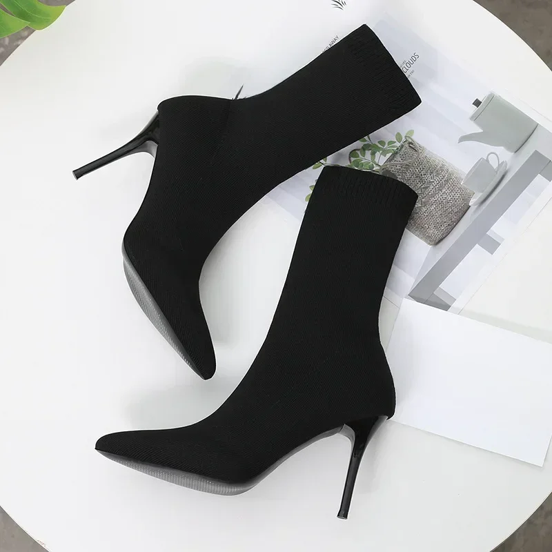 Bottines chaussettes Sexy en tricot extensible pour femmes, chaussures à talons hauts, à la mode, printemps-automne, 2024