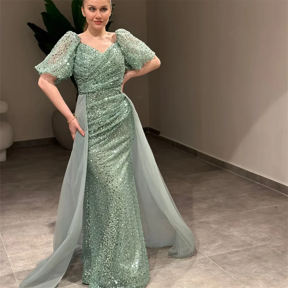 Customized Puffy Sleeves Beading Lace Evening Dress For Women Stunning Party Prom Gown With Detachable Train2024 فساتين سهرة