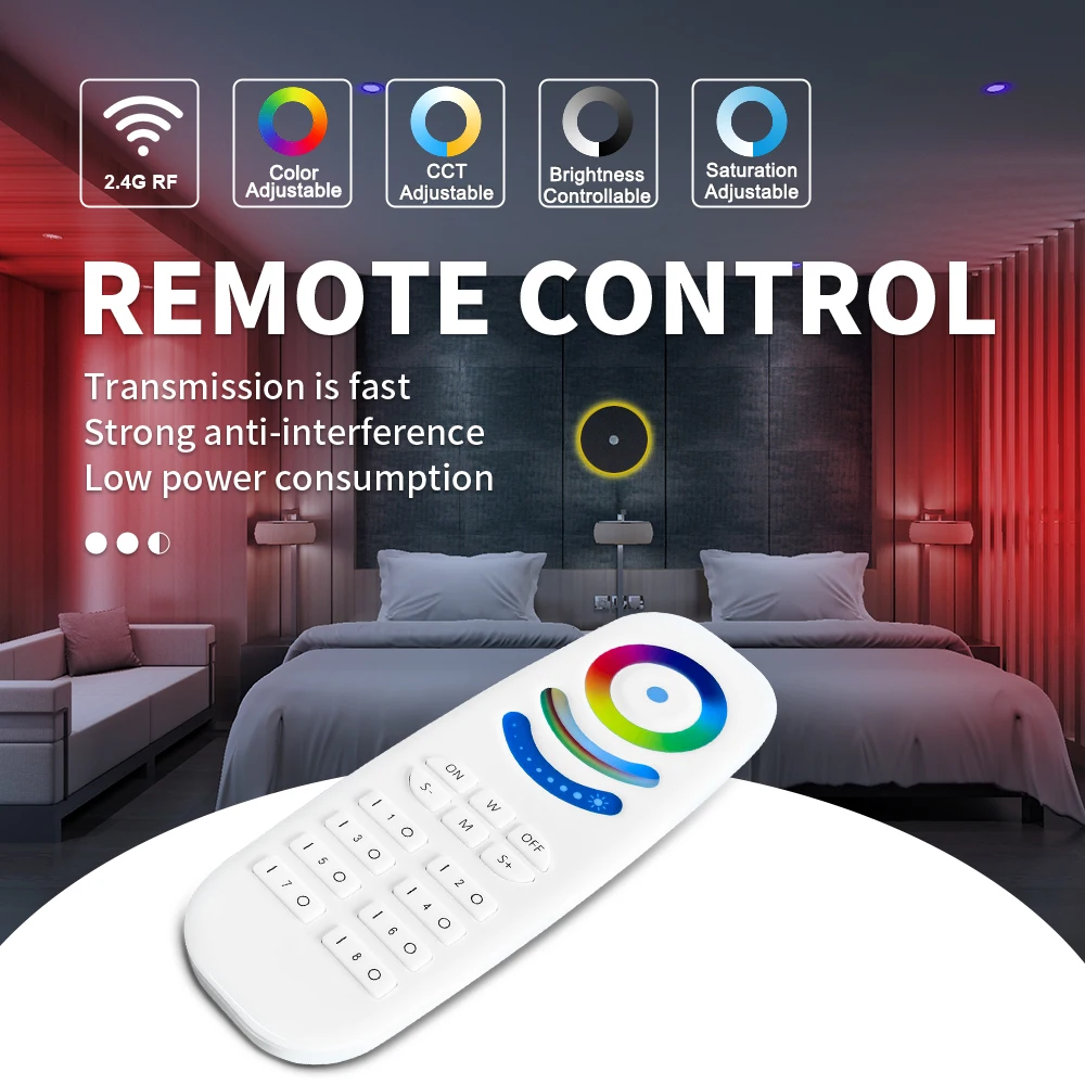 

GLEDOPTO 2.4G RF Remote 8-Zone Group Control RGB+CCT Brightness Adjustable Saturation Adjust Wireless 9 Lighting Modes 30 Meters