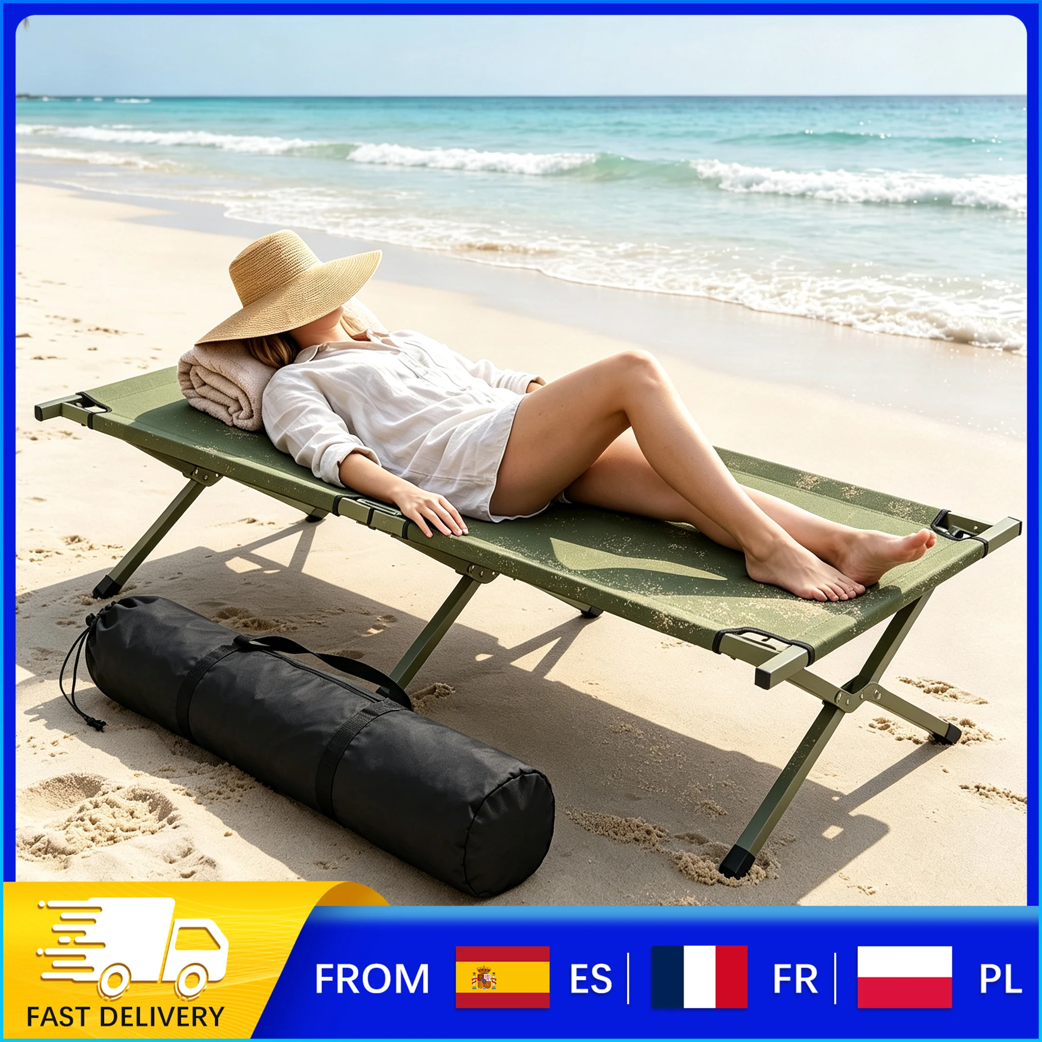 Lit de camping pliable avec capacité de charge de 180 kg, lit portable surdimensionné de 190 × 64 cm, cadre en acier renforcé en forme de X pour la plage, le camping en plein air, les invités en intérieur