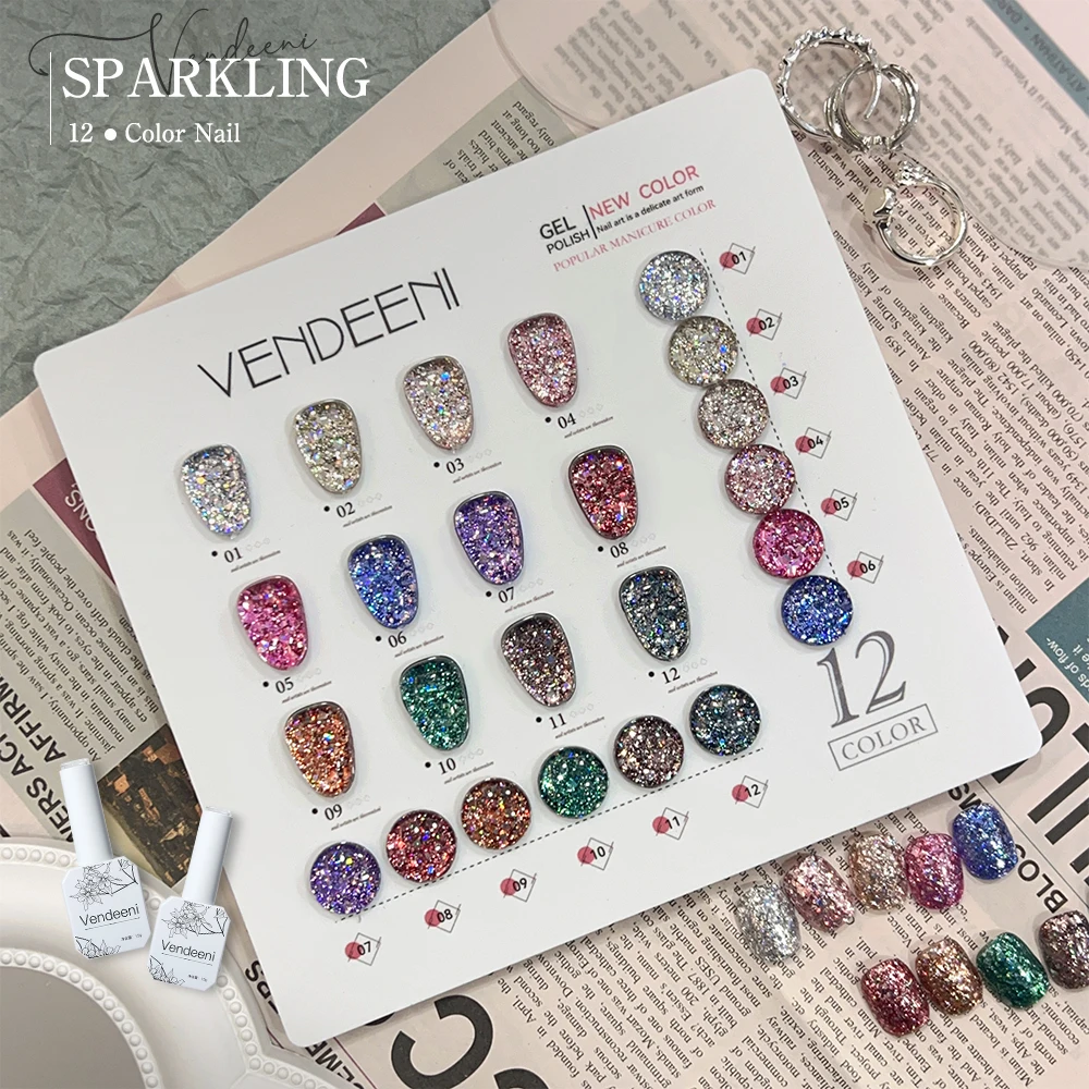 Vendeeni 12 Kleuren Glitter Gebroken Diamant Gel Nagellak Weken Van Uv Led Pailletten Gel Nagellak Voor Nail Art Design 12Ml