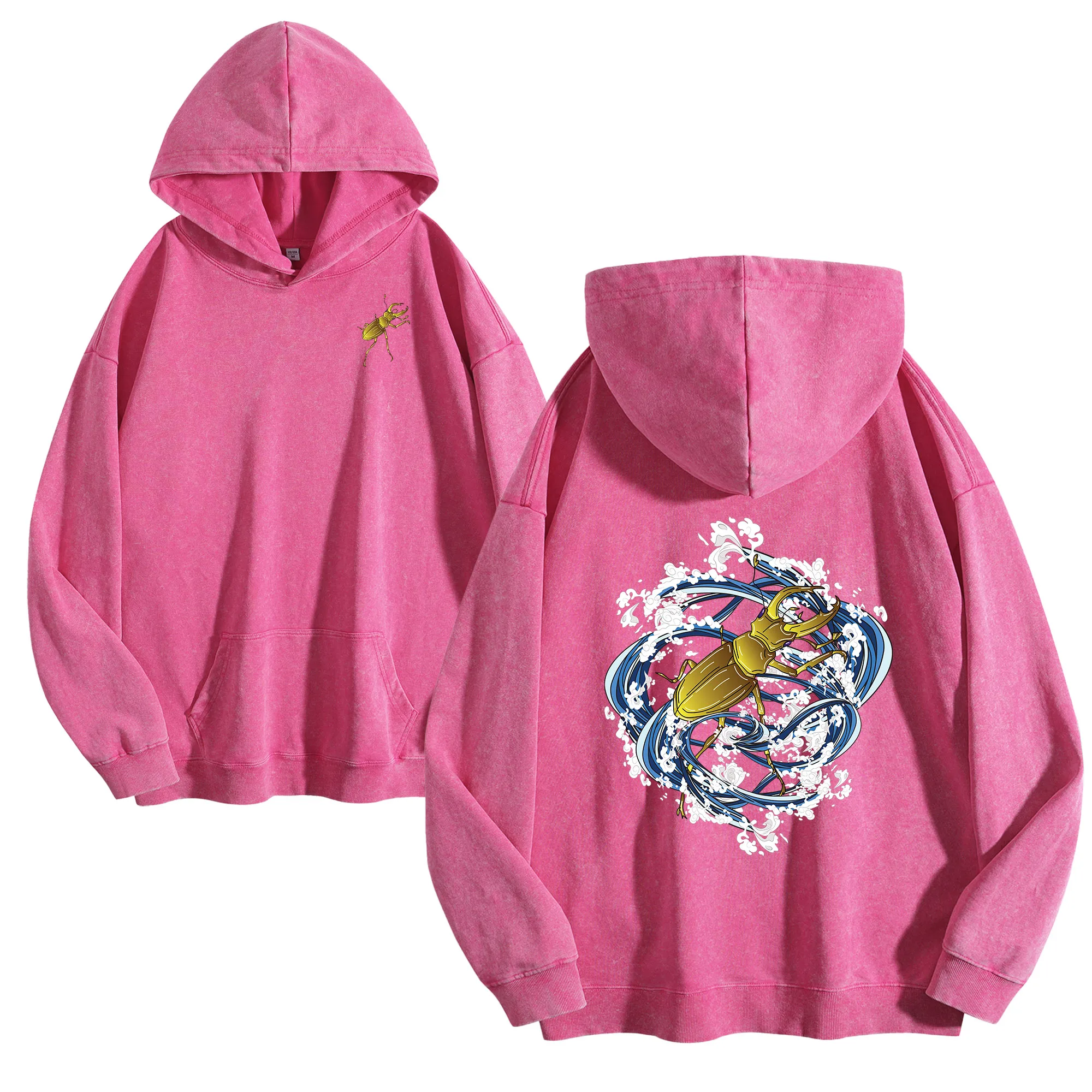 Scarab Splash طباعة على الوجهين 400G هوديي عتيق مغسول للجنسين بلوفر كبير الحجم ملابس الشارع مجموعة الخريف/الشتاء