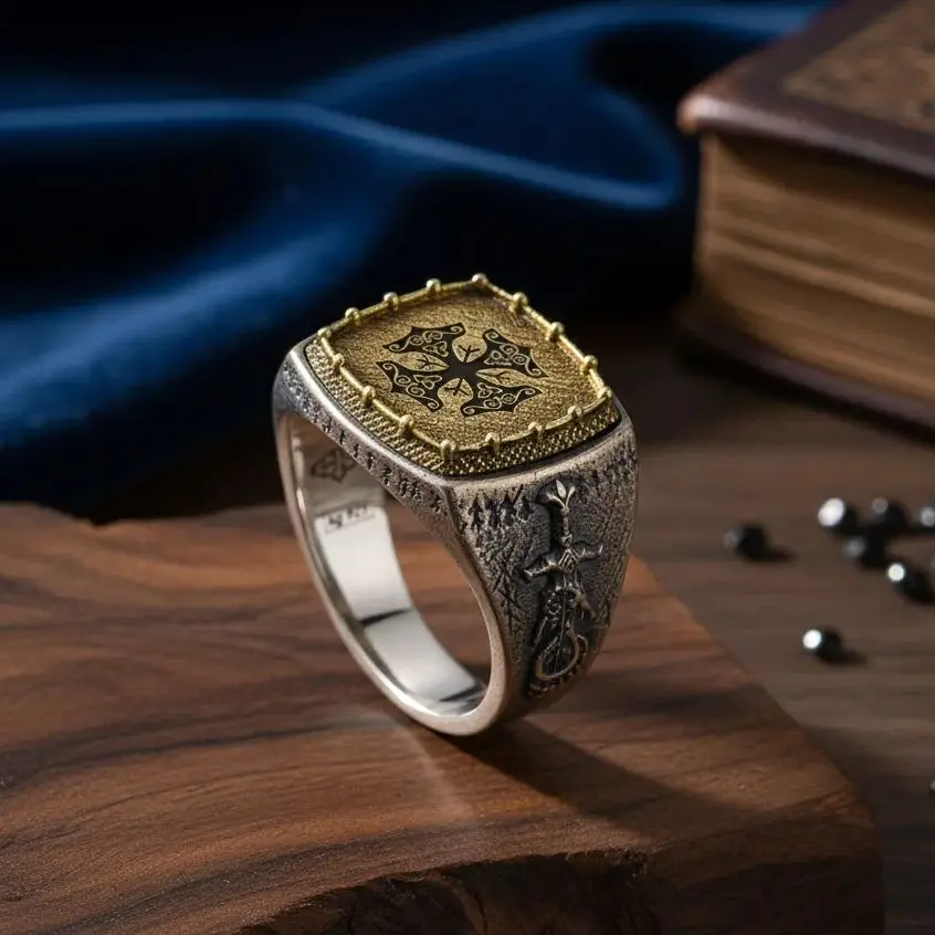 

Viking Warrior Ring for Men 925 Silver & Copper Dual Tone, Double Face Dragon Sword Design Norse Mythology Bold Statement Ring