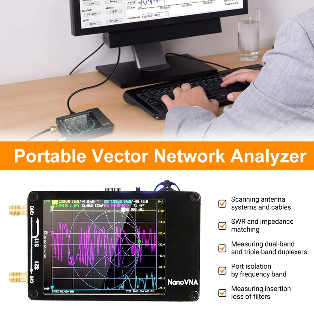 NanoVNA-H Vector Network Antenna Analyzer 2.8 Inch 50KHz-1.5GHz MF HF VHF UHF Digital Antenna Tester Support 32GB Portable