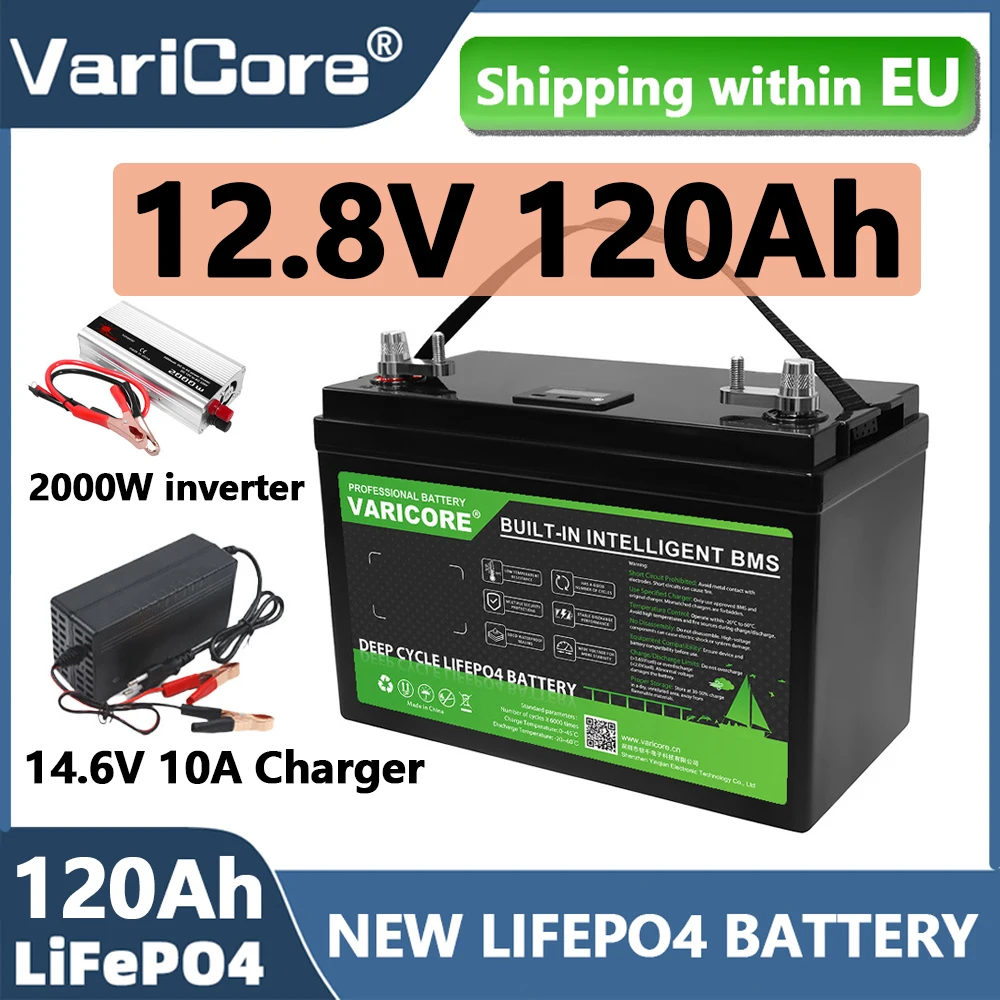 Batterie au lithium fer phosphate Varicore 12V 120Ah pour camping, moto, camping-car avec chargeur et onduleur