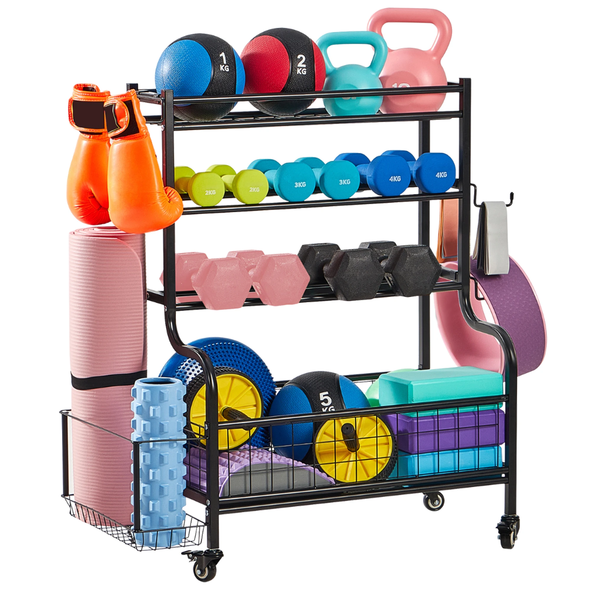 

Storage Rack with Wheels & Hooks for Dumbbells, Kettlebells, and Yoga Mats, Home Gym All-in-One Weight Stand