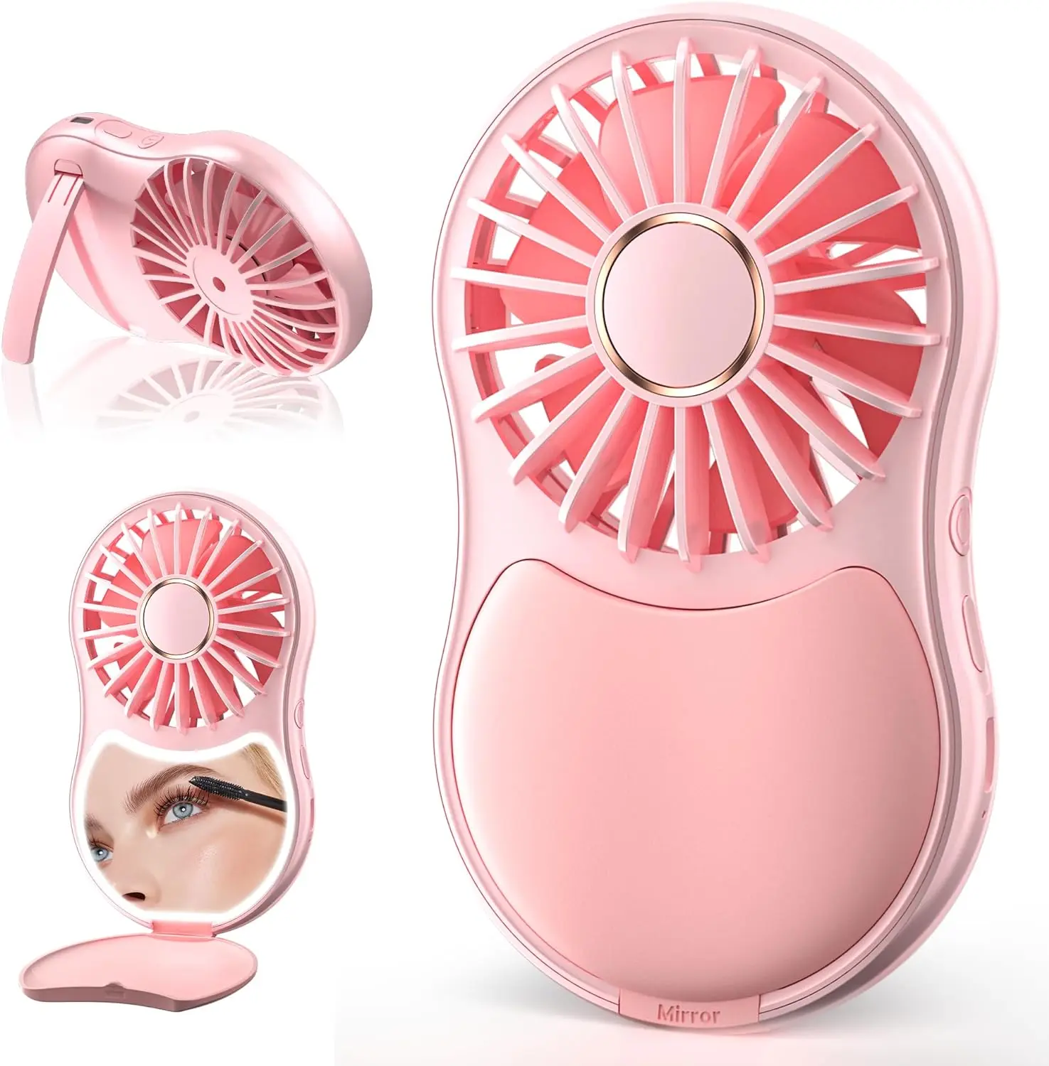 Portable Handheld Fan with LED Makeup Mirror, USB Rechargeable, Quiet Mini Fan with Three Wind Speeds for Travel and Indoors