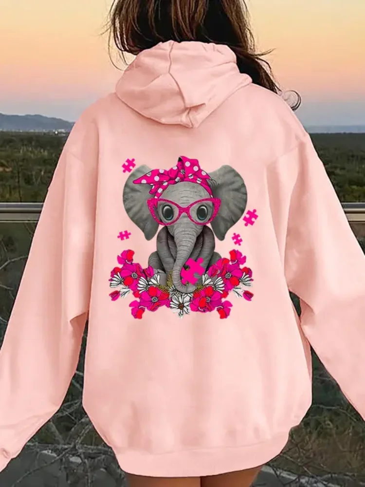 Elephant And Floral Print Drop Shoulder Hoodie Women Clothing for Fall & Winter Fashion Casual Drawstring Pocket Hooded