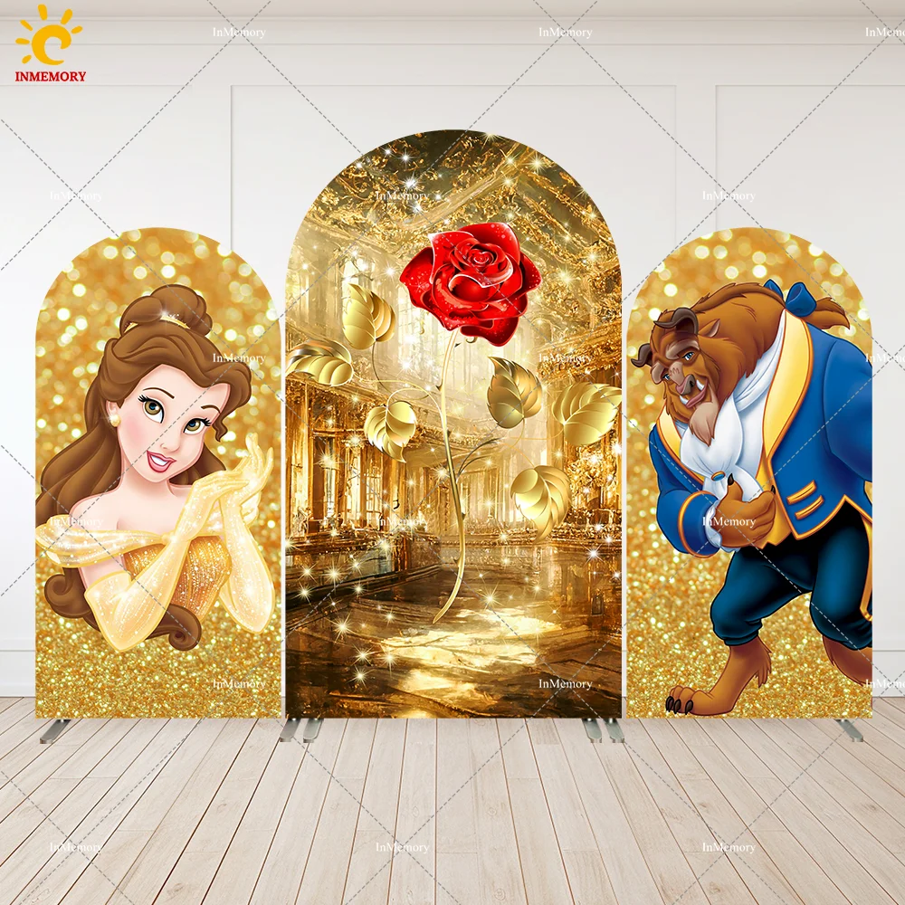لوحات حائط على شكل قوس لعيد الميلاد من Gold Palace Beauty and Beast، لافتة ديكور للحفلات للفتيات، خلفية مقوسة لحفلات الأطفال باللون الأحمر الوردي