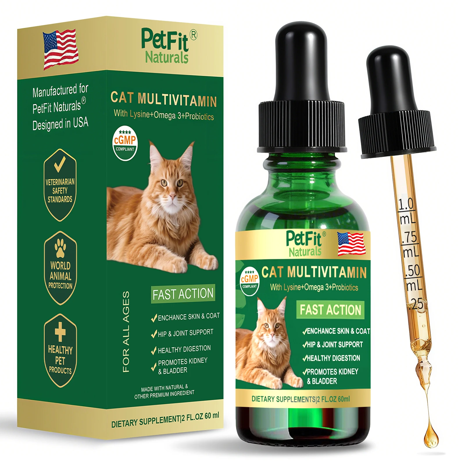PetFit Naturals 2oz Liquid Cat Vitamins Lysine Probiotics Omega3 Supplement for Feline Kidney Immunity Skin Digestive Health