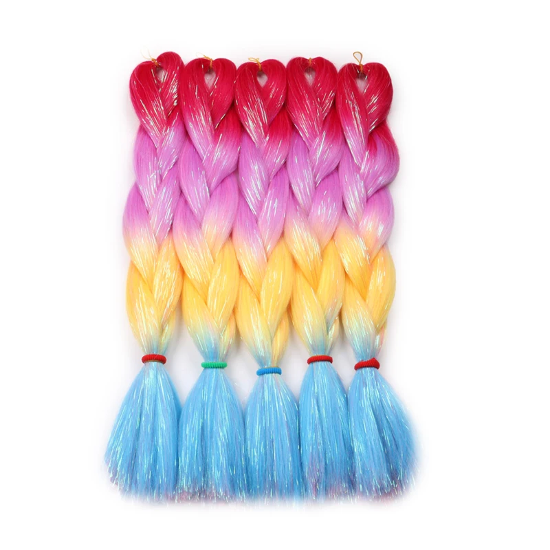 Sintético Jumbo Braiding Hair, Ombre Rainbow Color, Glitter Hair, ouropel misto, 24 ", 100g, 5Pcs por lote