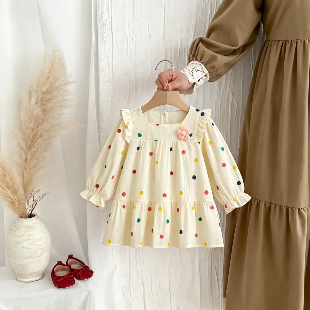 Baby Girl Clothes Spring New Wave Dot Printed Flower Decorative Long Sleeve Baby Girl Dress Sweet Casual Girl Dress