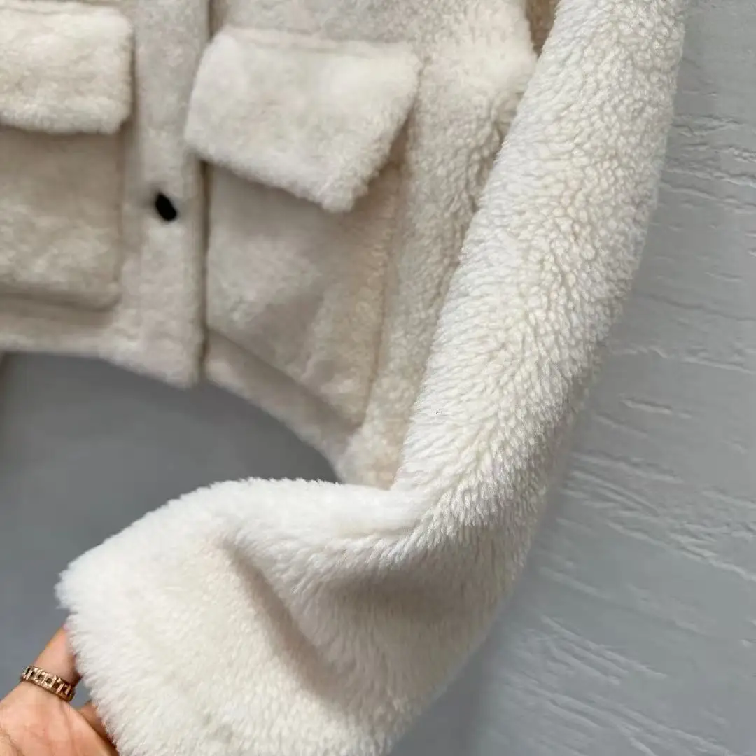 سترة فرو ميرينو فضفاضة للخريف والشتاء مع جيوب رقعة #4