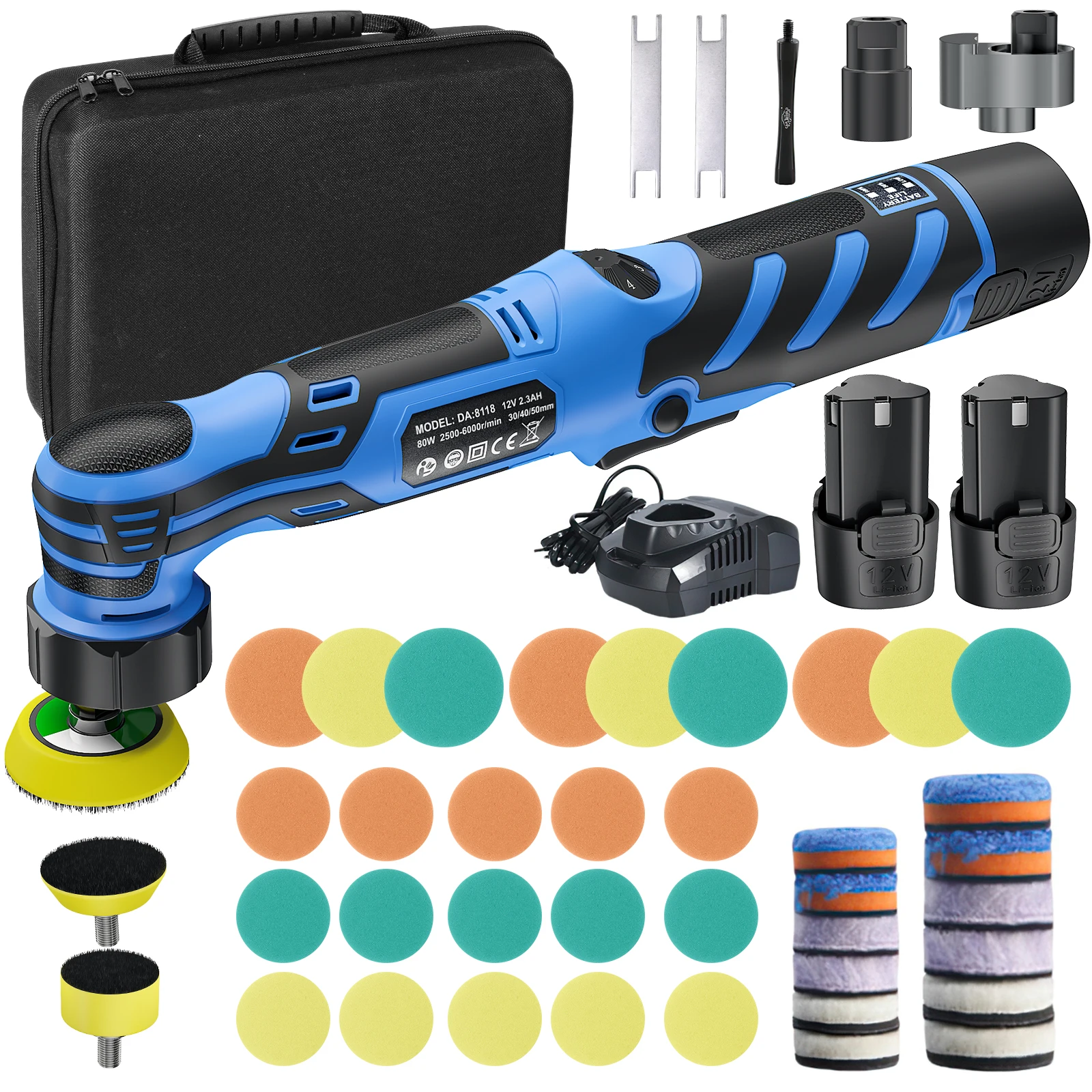 12V Kabelloser Mini-Autopolierer, kabellose Poliermaschine für die Autopflege, 1/1,5/2 Zoll Pad-Set für Autowachs, einstellbare Geschwindigkeit