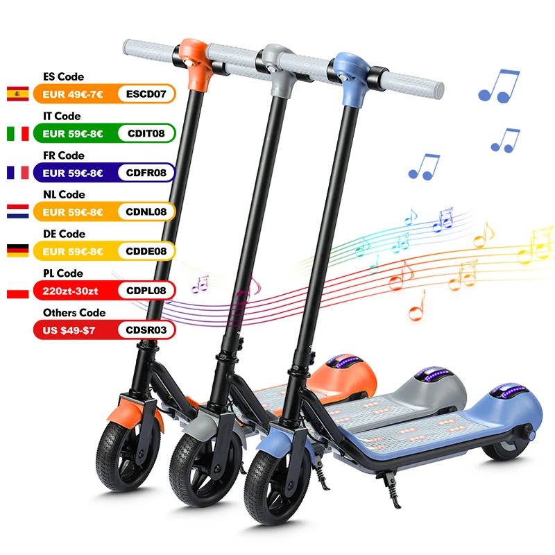 Trottinette électrique pour enfants, 6,5 pouces, 14 km/h, autonomie maximale de 5 à 8 km, musique Bluetooth, lumière colorée, trottinette électrique pliable pour enfants