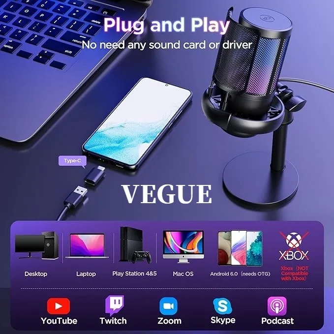 Microfone condensador USB profissional para jogos de PC, PS4/PS5/Mac/telefones celulares, com iluminação RGB legal, perfeito para gravação, l