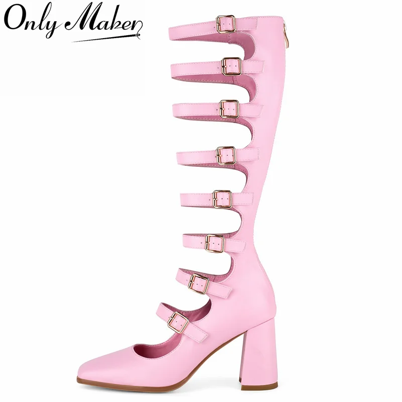 

Onlymaker Women Buckle Straps Multi Buckle Strap Square Toe Knee High Boots Hollow Back Zipper Chunky Heeled Boots