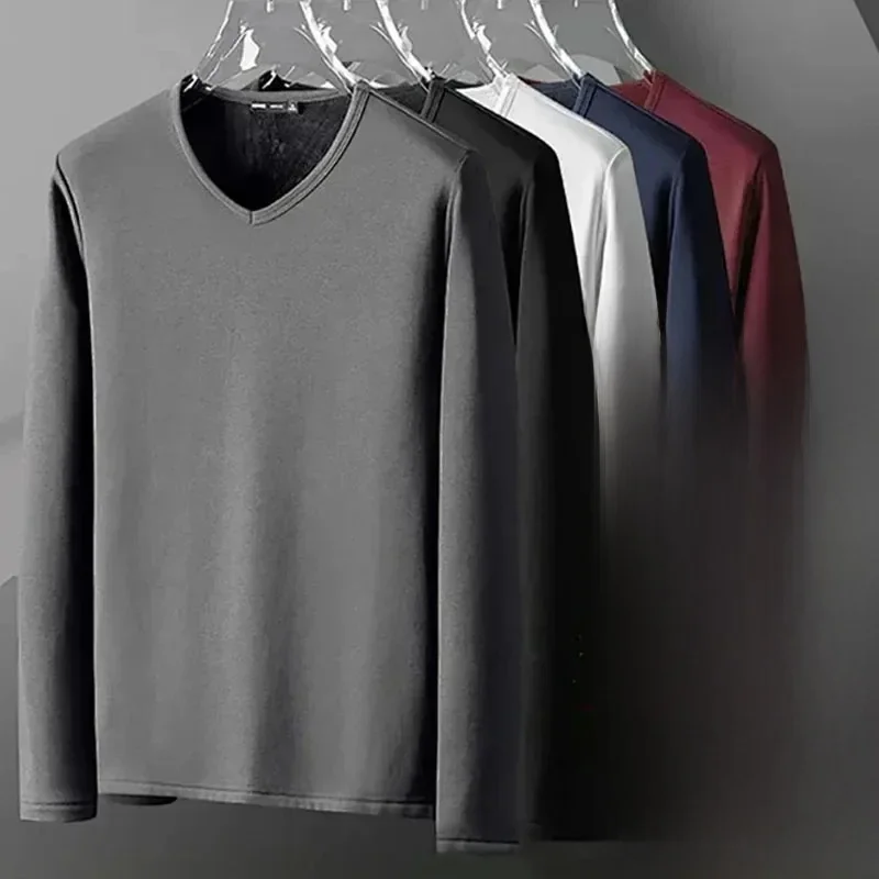 Herren-Thermo-Langarm-T-Shirt aus Plüsch, Hemd mit Rundhalsausschnitt, modisches Plus-T-Shirt mit Samtpolsterung