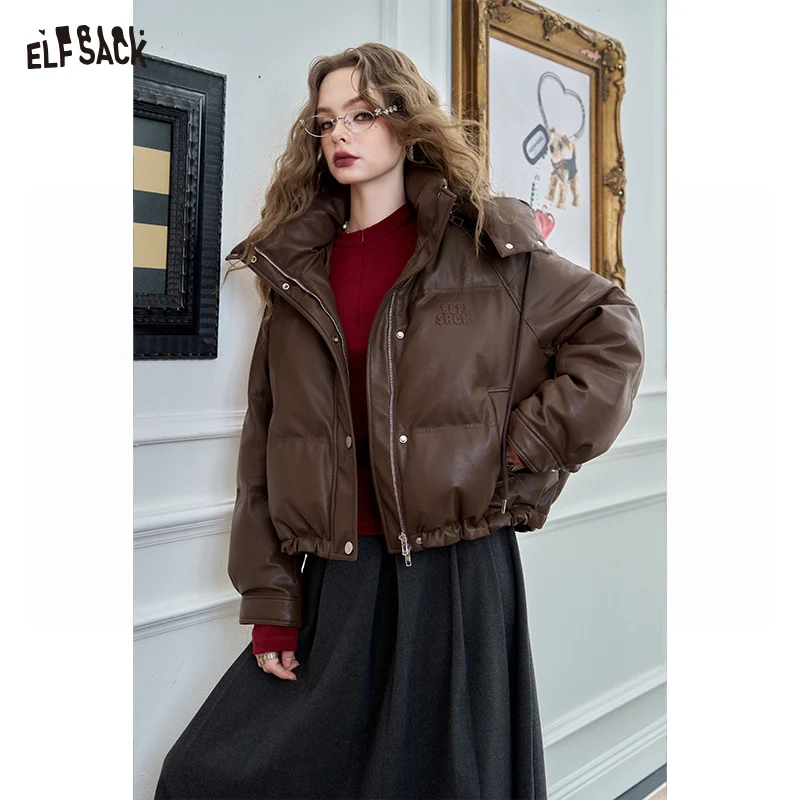 

ELFSACK 2024 Winter New Arrivals Maillard PU leather hooded down jacket for women, short style, raglan sleeves, warm coat