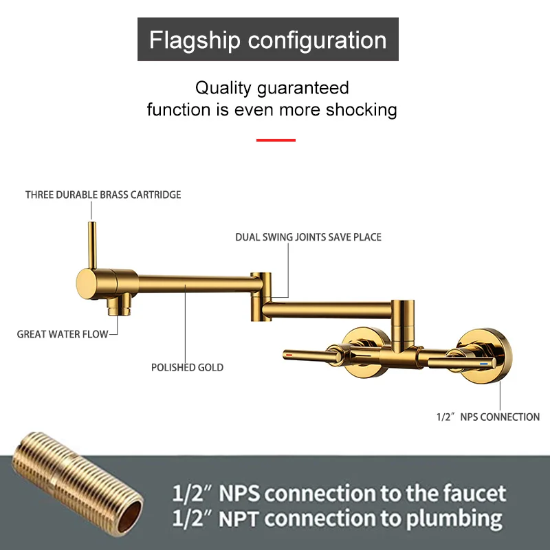 Imagem -03 - Pot Filler Faucet Fixado na Parede Misturador da Cozinha Latão Bica Giratória de Água Quente e Fria com Dupla Alça