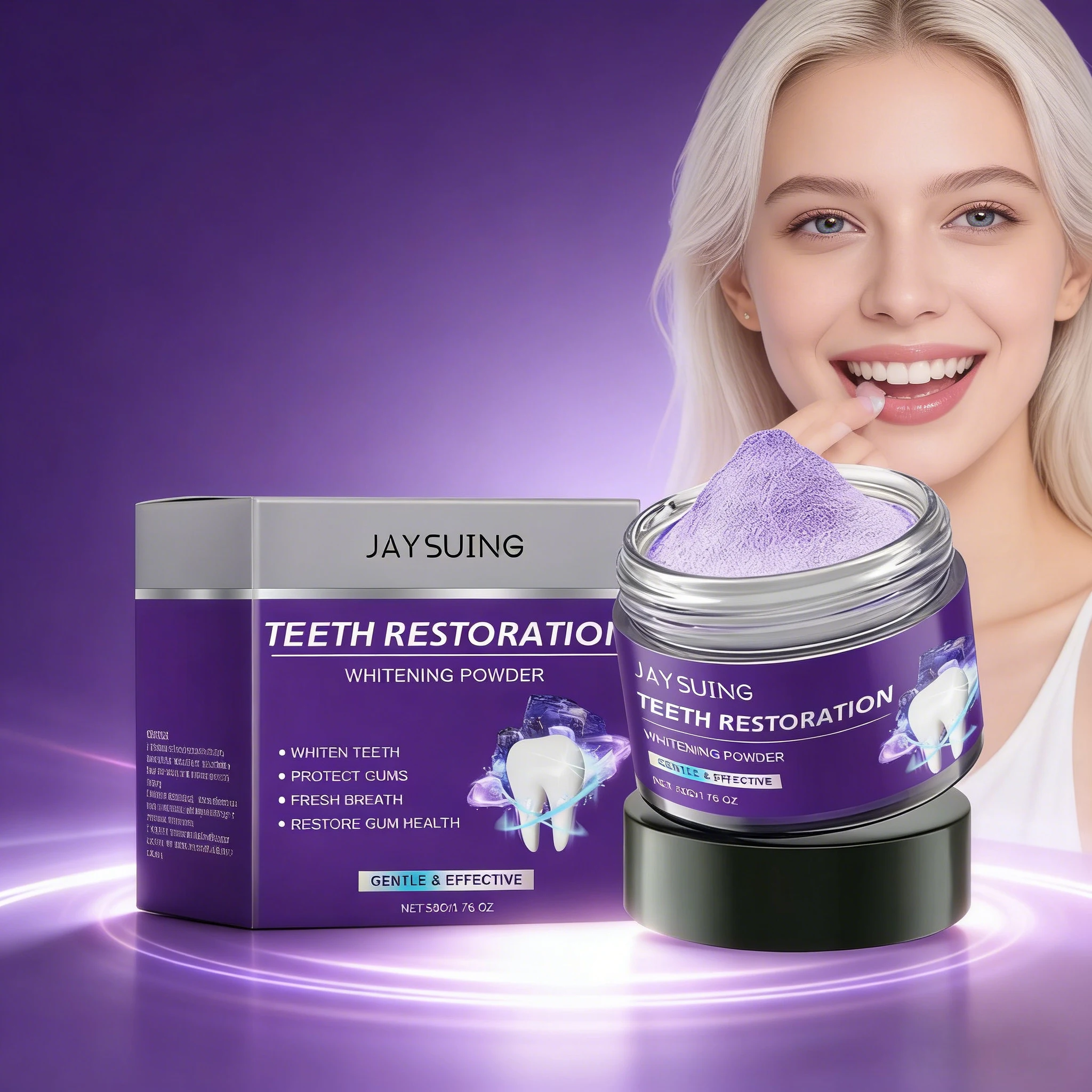 

Порошок для зубов JAYSUING Purple Teeth Powder: удаление налета и пятен, очищение, гигиена полости рта, отбеливание, освежение дыхания, уход за зубами, придание блеска.