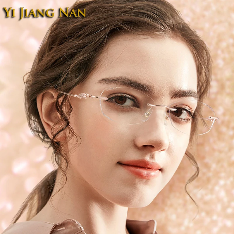 Women Titanium Diamond Trimmed Optical Glasses Frame Transparent Lens Lightweight Fashion Eyeglasses Rimless Eyewear