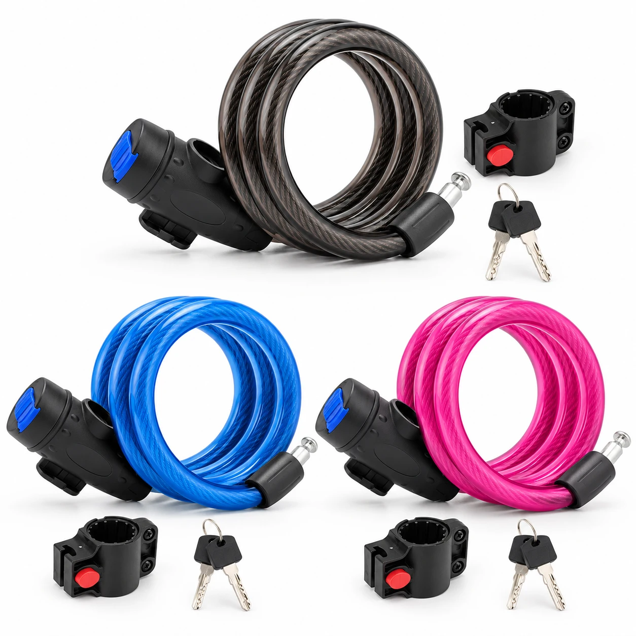 Lucchetto per bicicletta con cavo in acciaio e supporto per telaio + 2 chiavi, 12 x 1000 mm, 3 misure, dispositivo di blocco per biciclette e scooter.
