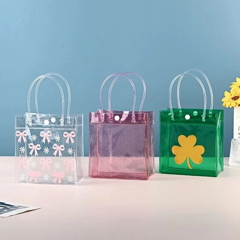 Sac d'emballage en PVC transparent avec foy, sac fourre-tout pour cadeaux de Noël, sac de faveurs de fête, sacs d'emballage de bonbons et de pommes, mignon