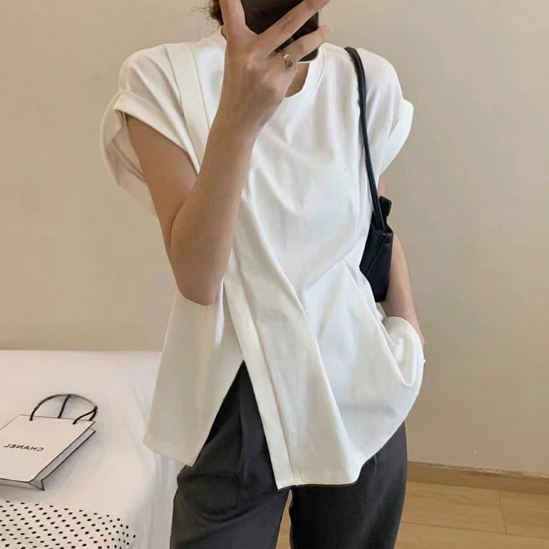 Korean style pin tuck slit roll up round short sleeve long T-shirt