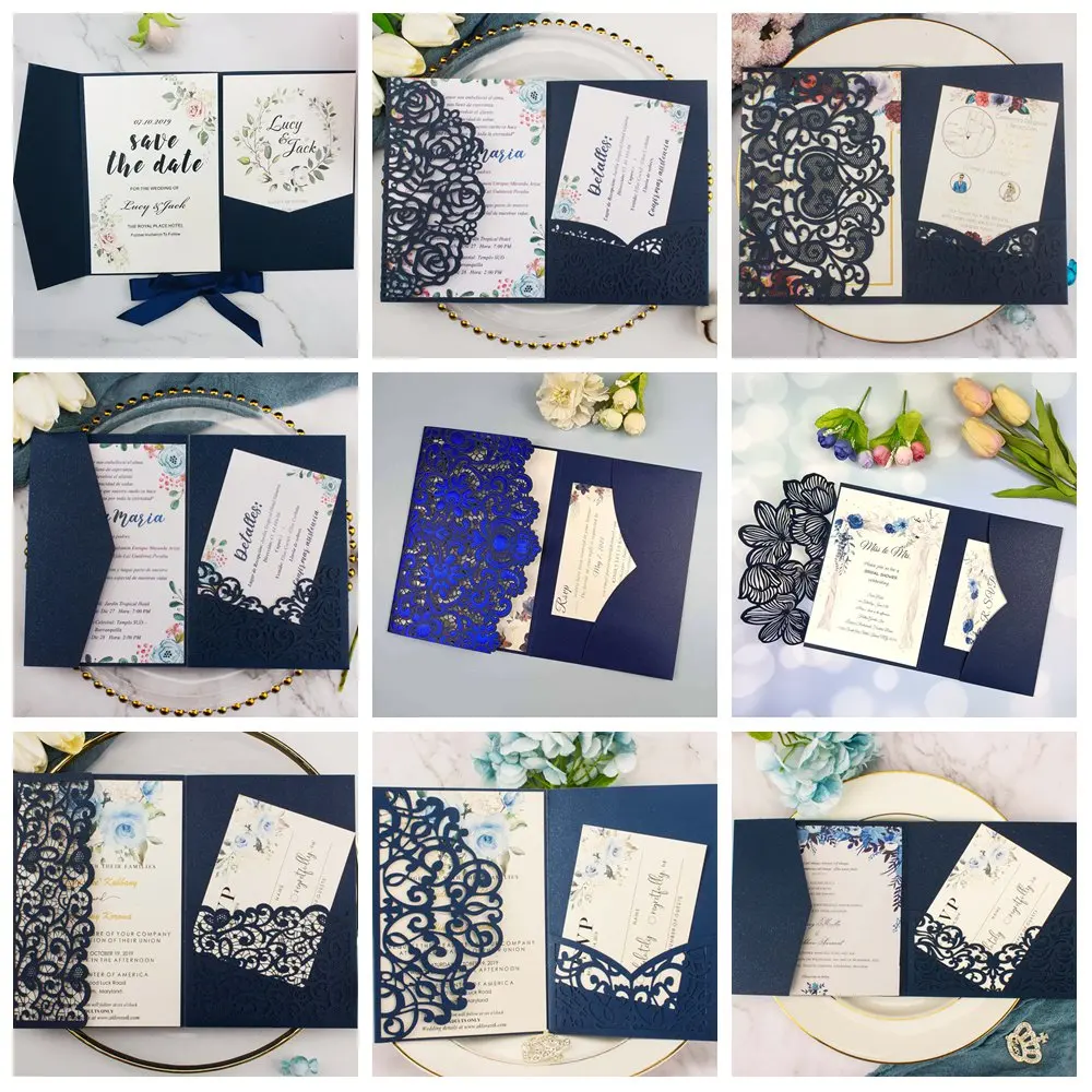 1 قطعة الأزرق الداكن ثلاثي أضعاف المغلف جيب الليزر قطع دعوة الزفاف مع بطاقة rsvp ومغلف جيب دعوة الأكمام