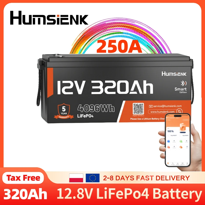 Batterie Humsienk LiFePO4 12V 320Ah avec Bluetooth intégré, BMS 250A, alimentation au lithium pour voiturette de golf, camping-car, tout-terrain, usage domestique, camping