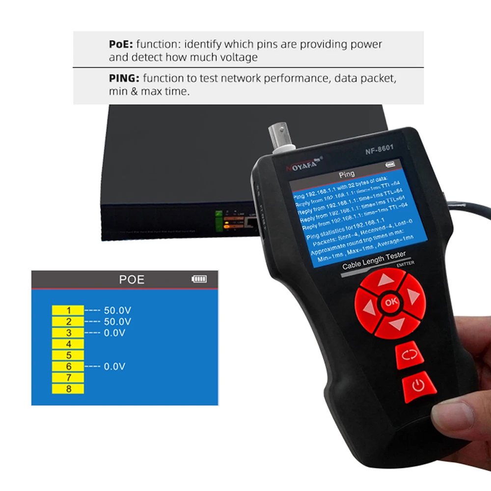 Imagem -05 - Noyafa-network Cabo Tester Display Lcd Cabo Tracker Poe Ping Medida Comprimento Wiremap Ethernet Cabo Tester Nf8601