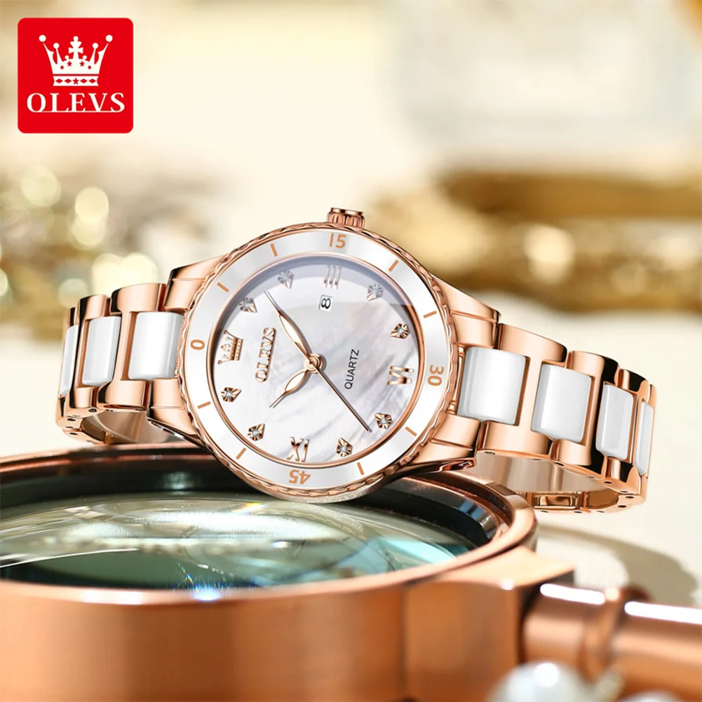 OLEVS 9985 ساعة نسائية مقياس روماني مقاوم للماء التقويم ساعة كوارتز أنيقة حزام السيراميك الفاخرة الأصلي فتاة ساعة Reloj Mujer