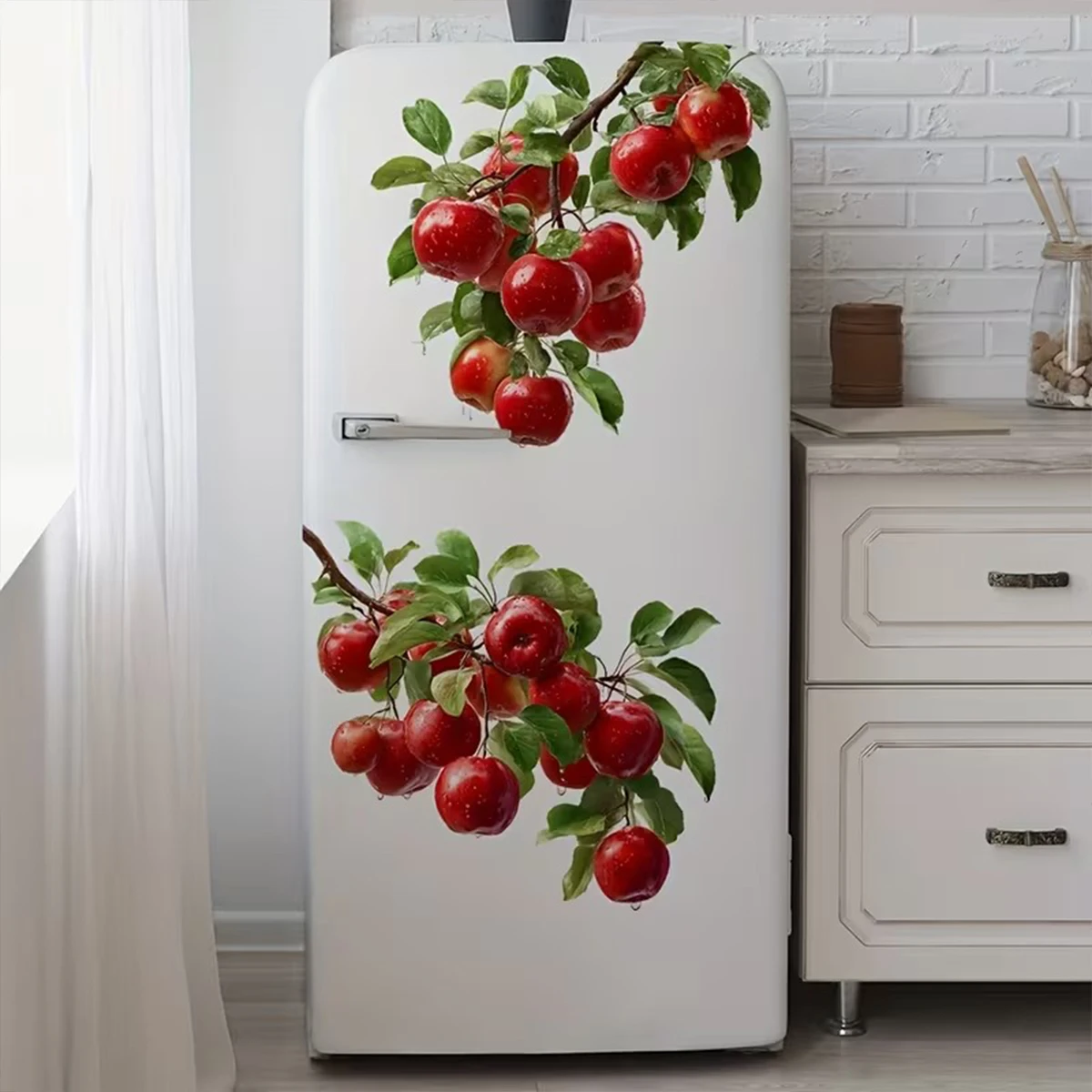3D Red Apple Refrigerator Magnet, Waterproof Vinyl Wall Sticker, Apple Branch Pattern, Suitable for Kitchen and Home Decoration