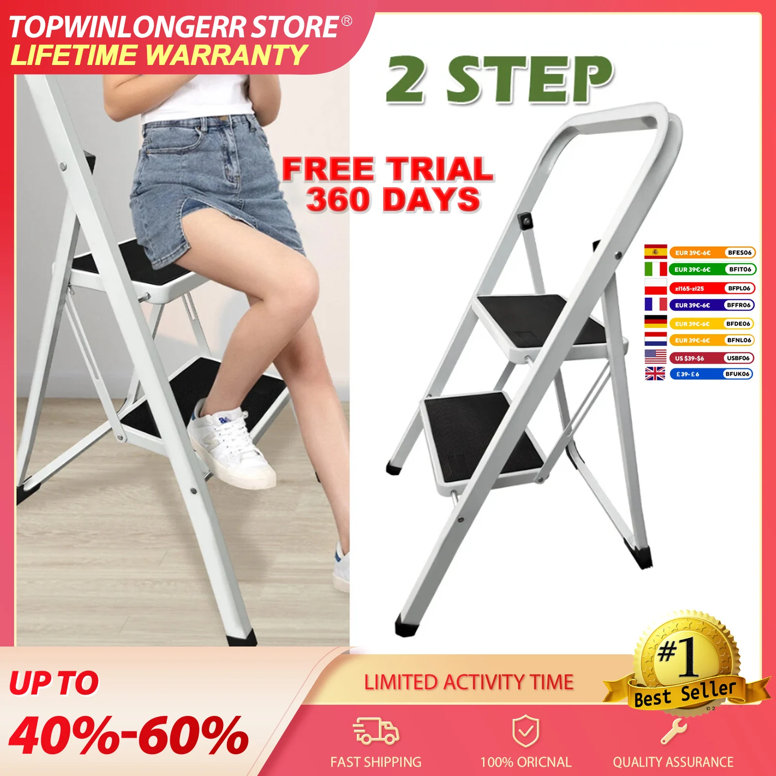 Escalera de dos peldaños plegable con asa, antideslizante, pedal ancho, acero resistente, multiusos para el hogar y la oficina