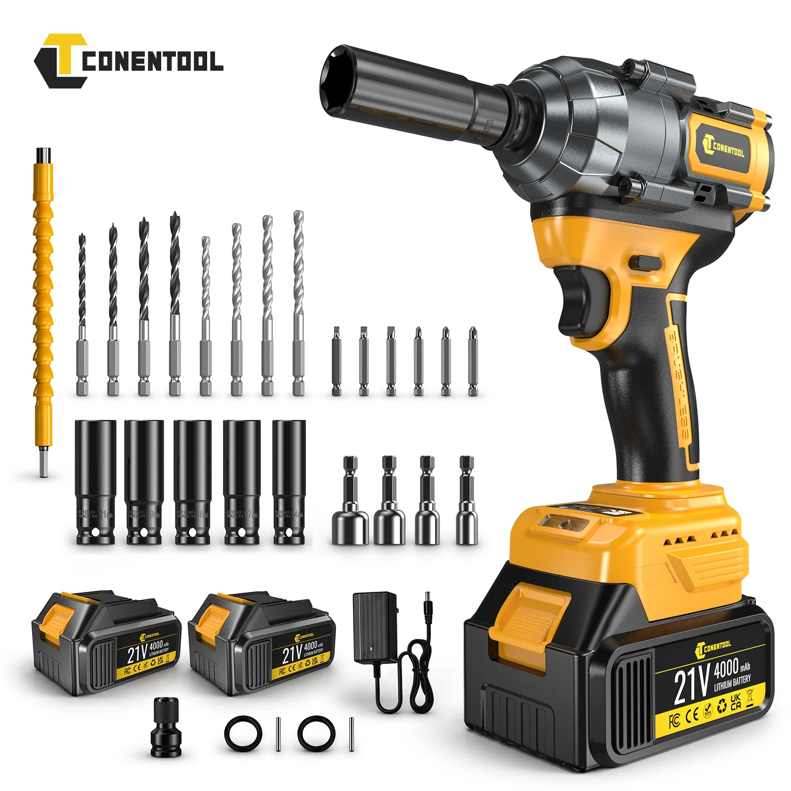 CONENTOOL Set Chiave a Impulsi Elettrica Multifunzione 3 in 1 Senza Spazzole 1200N·m, Trapano Elettrico Compatibile con Batteria Makita 18V